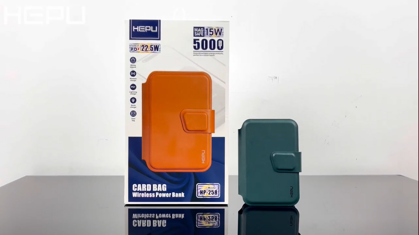 بنك طاقة لاسلكي HEPU HP-258 بسعة 5000 مللي أمبير/ساعة مع حقيبة بطاقات وشحن سريع PD بقوة 15 وات
